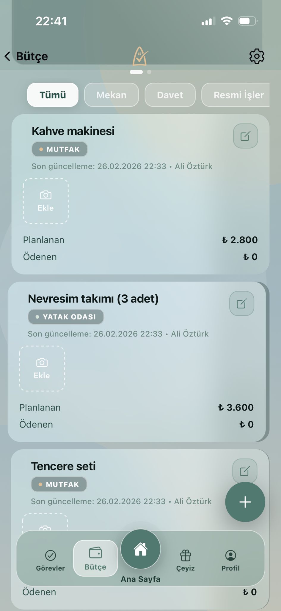 Çeyiz listesi ekranı